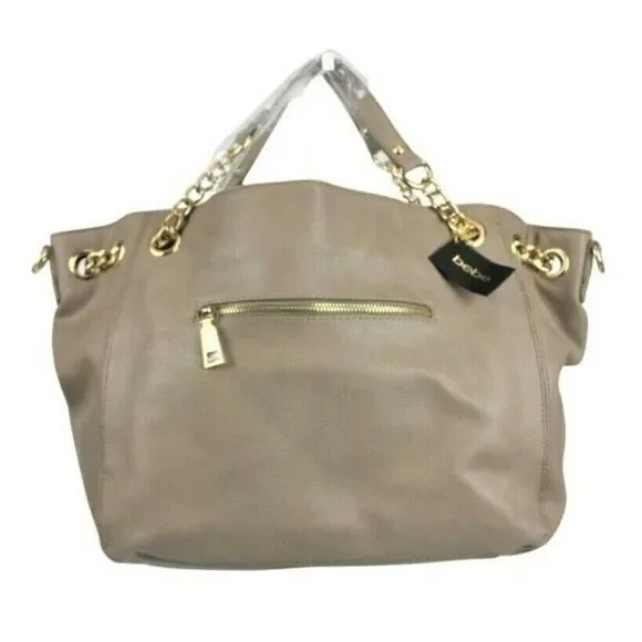 BEBE Tote Shopper Bag Lg Vegan Leather Gold Tone Chain Dark Beige Style Whitney